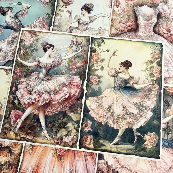 10 Stück Vintage-Hintergrundpapier mit Blumenmuster und Ballettmotiv.