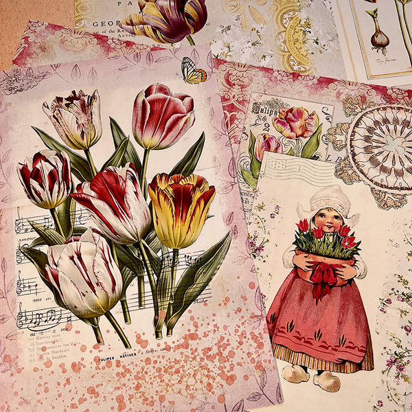 6 x Vintage-Hintergrundpapier mit Tulpenmotiv.