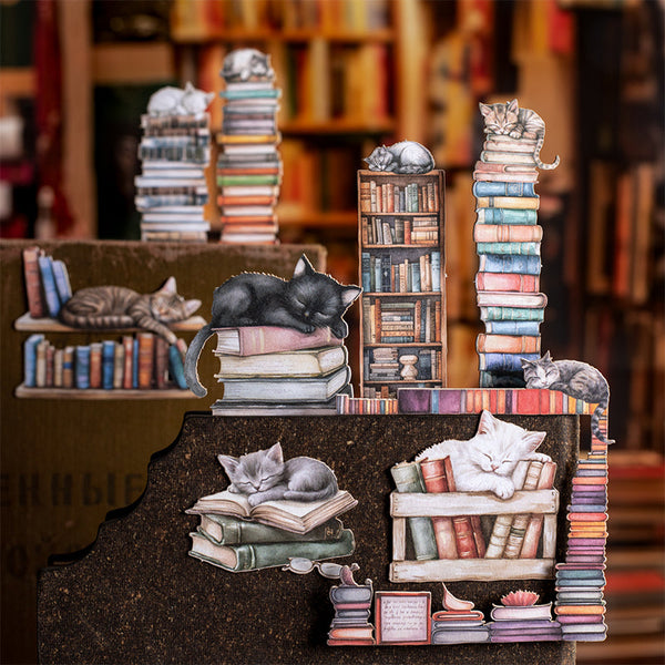 15PCS Bookshelf and cat series sticker