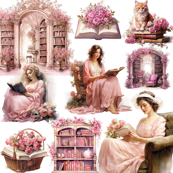 12 pegatinas de niña con forma de libro rosa