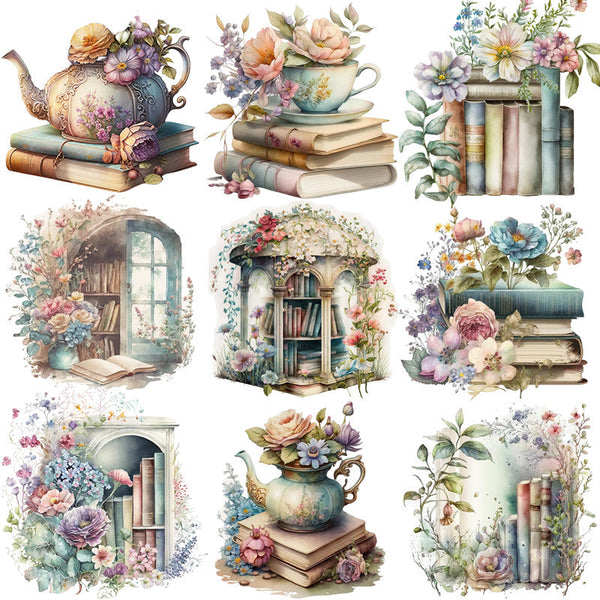 20 pegatinas de flores y libros