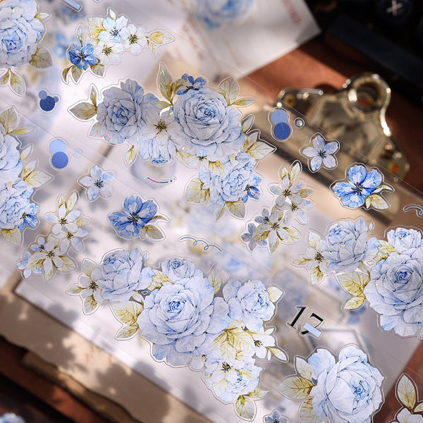 Whole Roll 5.5cm*6m Romantic blue flower Die Cutting Washi/PET/Shell Light PET Tape